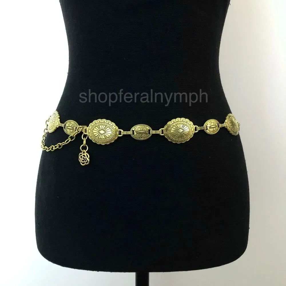 Vintage Y2K Boho Gold Medallion Chain Belt, Fits 22.5–38 Inches, X7GA1199